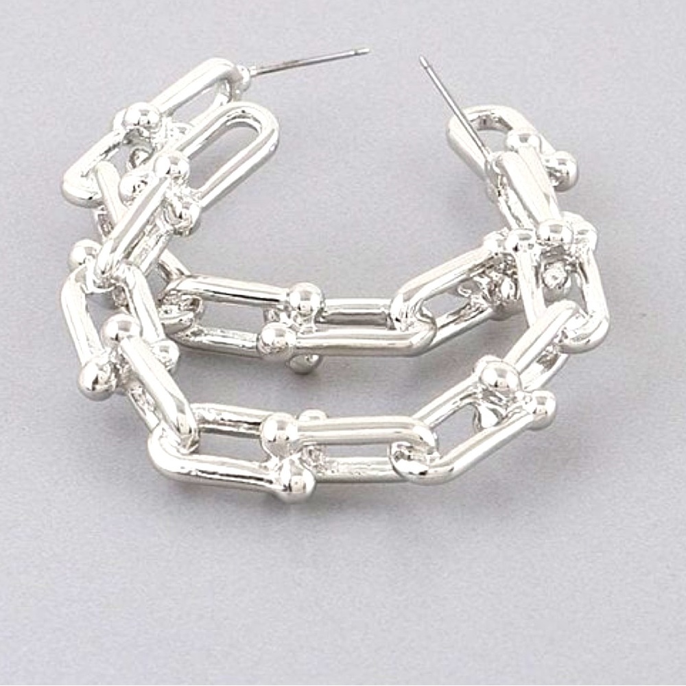 Silver Chain Locked Hoop Earrings